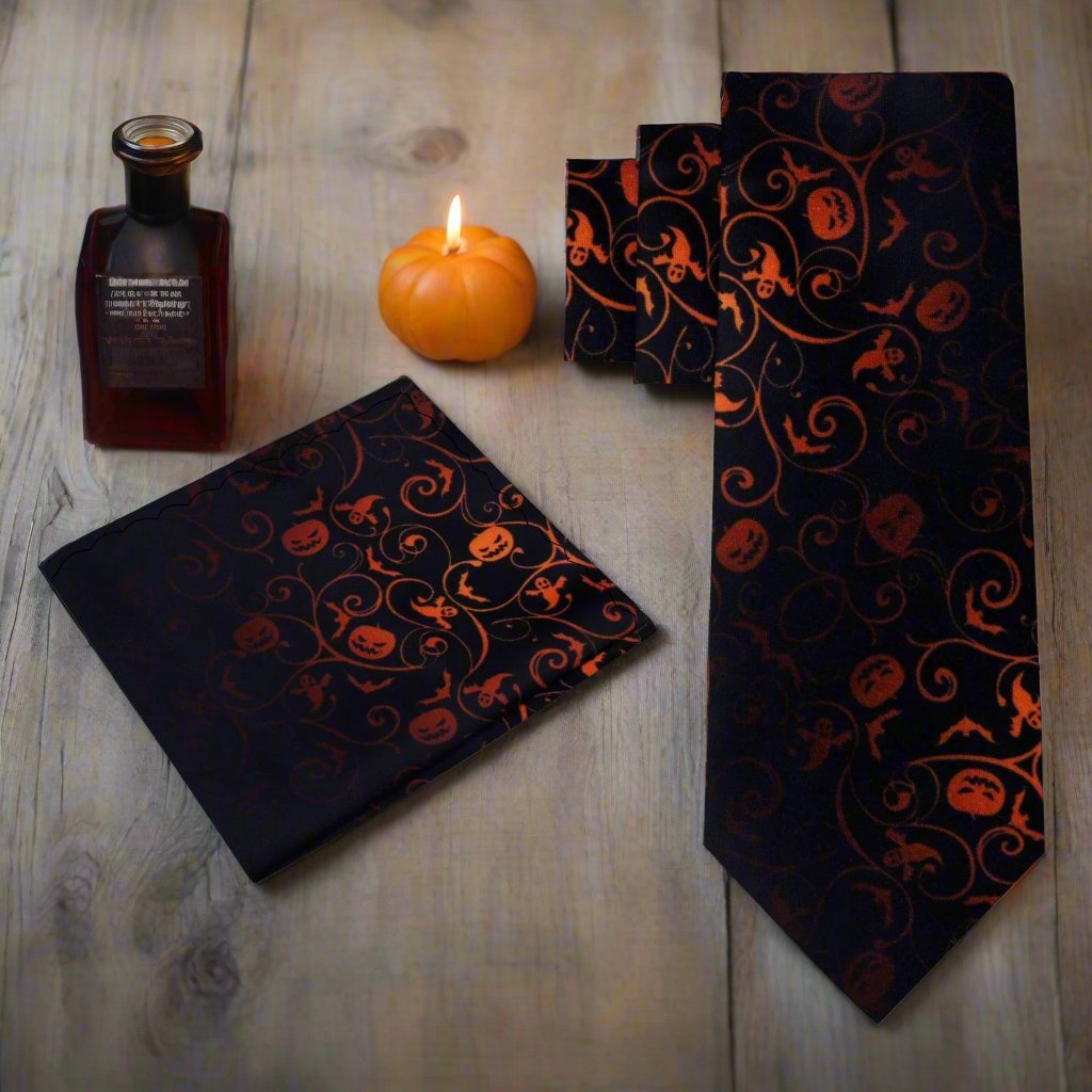 Model wearing the spooky tie with a crisp white dress shirt, perfect for an office Halloween party.