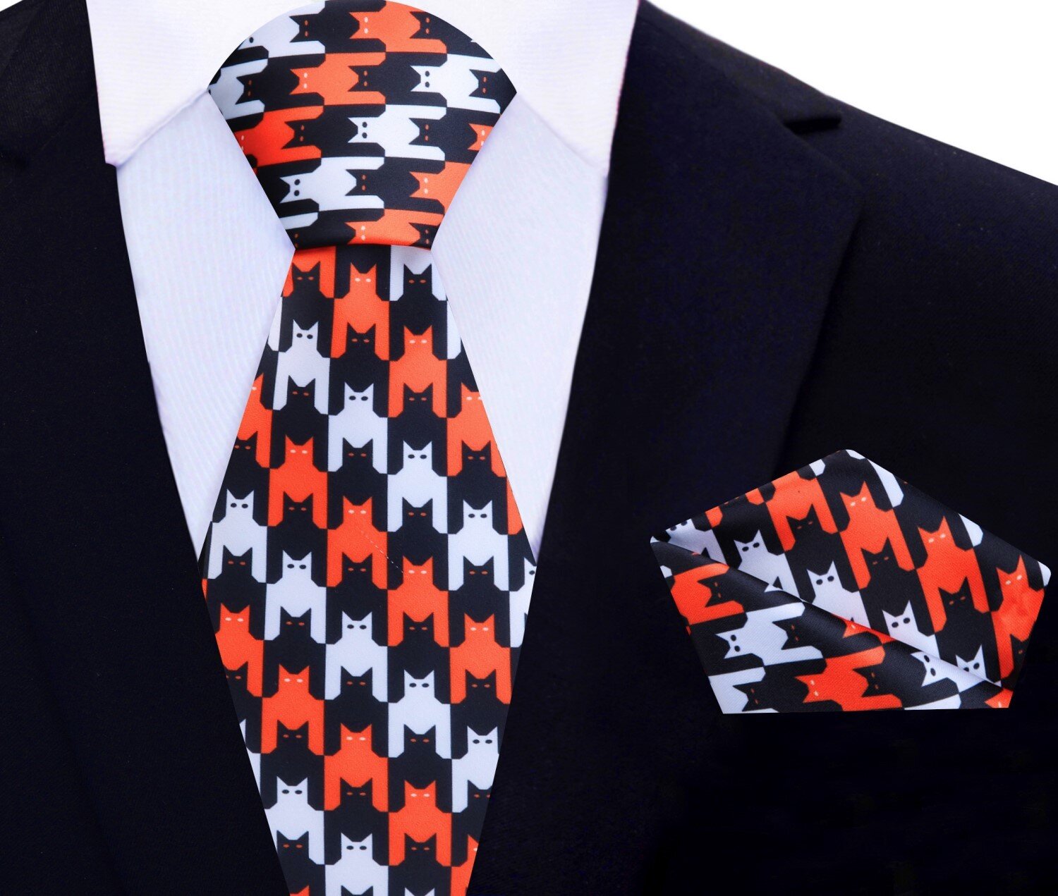 Close-up of the Halloween themed silk tie showcasing the intricate bats and cats pattern.