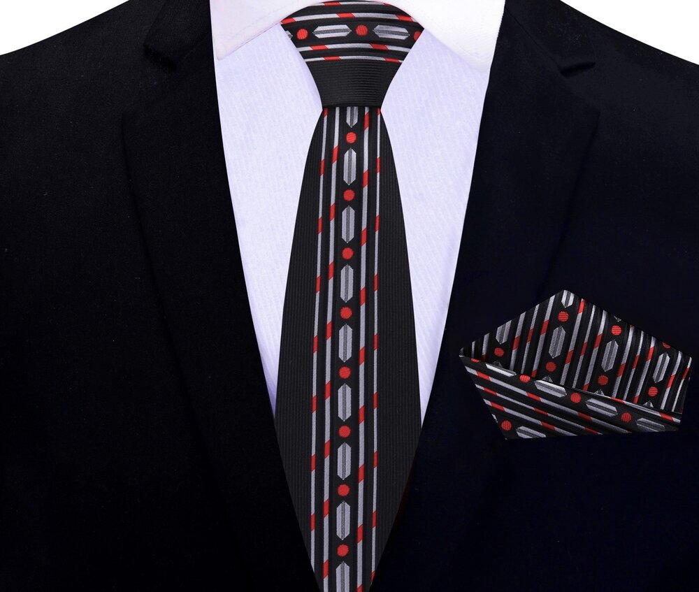 Pocket square and tie set displayed flat—highlighting the elegant silk texture and abstract design.