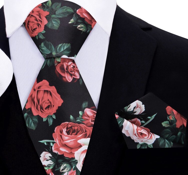 Model wearing the elegant floral silk necktie with a white dress shirt, demonstrating its perfect fit for formal occasions.