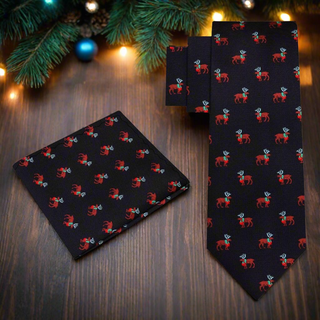 Matching pocket square and tie set with holiday reindeer design