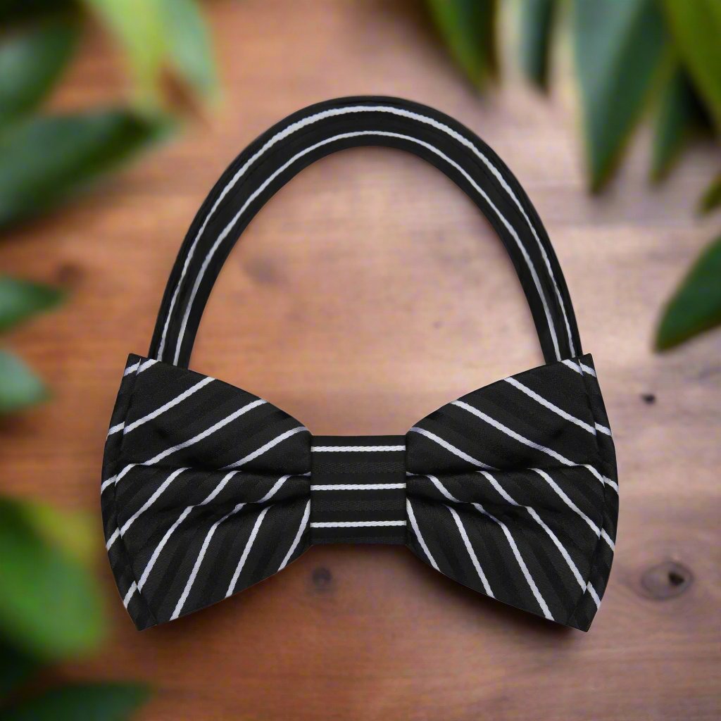 Black silk bow tie with white stripes for formal events