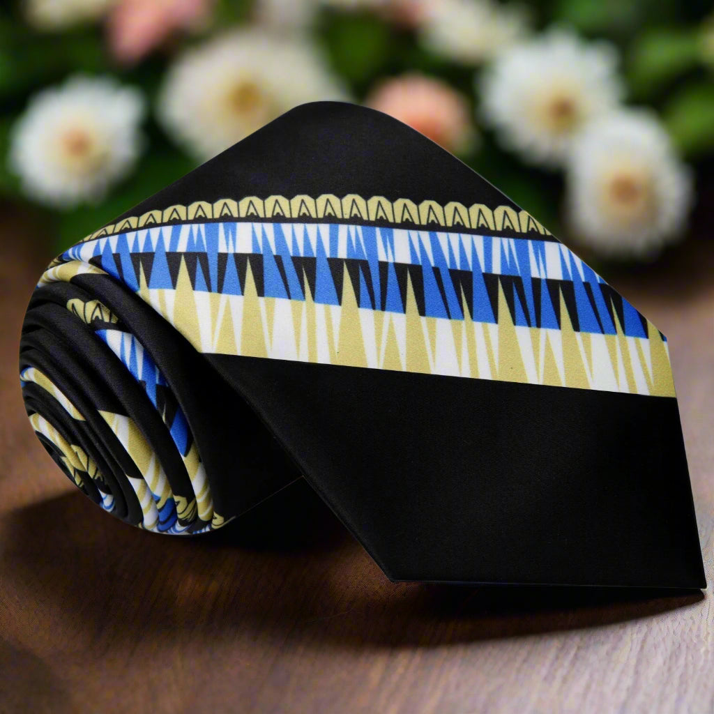 Close-up view of the Abstract Elegance Silk Tie showcasing its intricate abstract pattern.