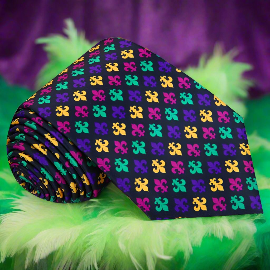 Detailed view of the necktie with matching pocket square, highlighting its vibrant colors and elegant silk texture.
