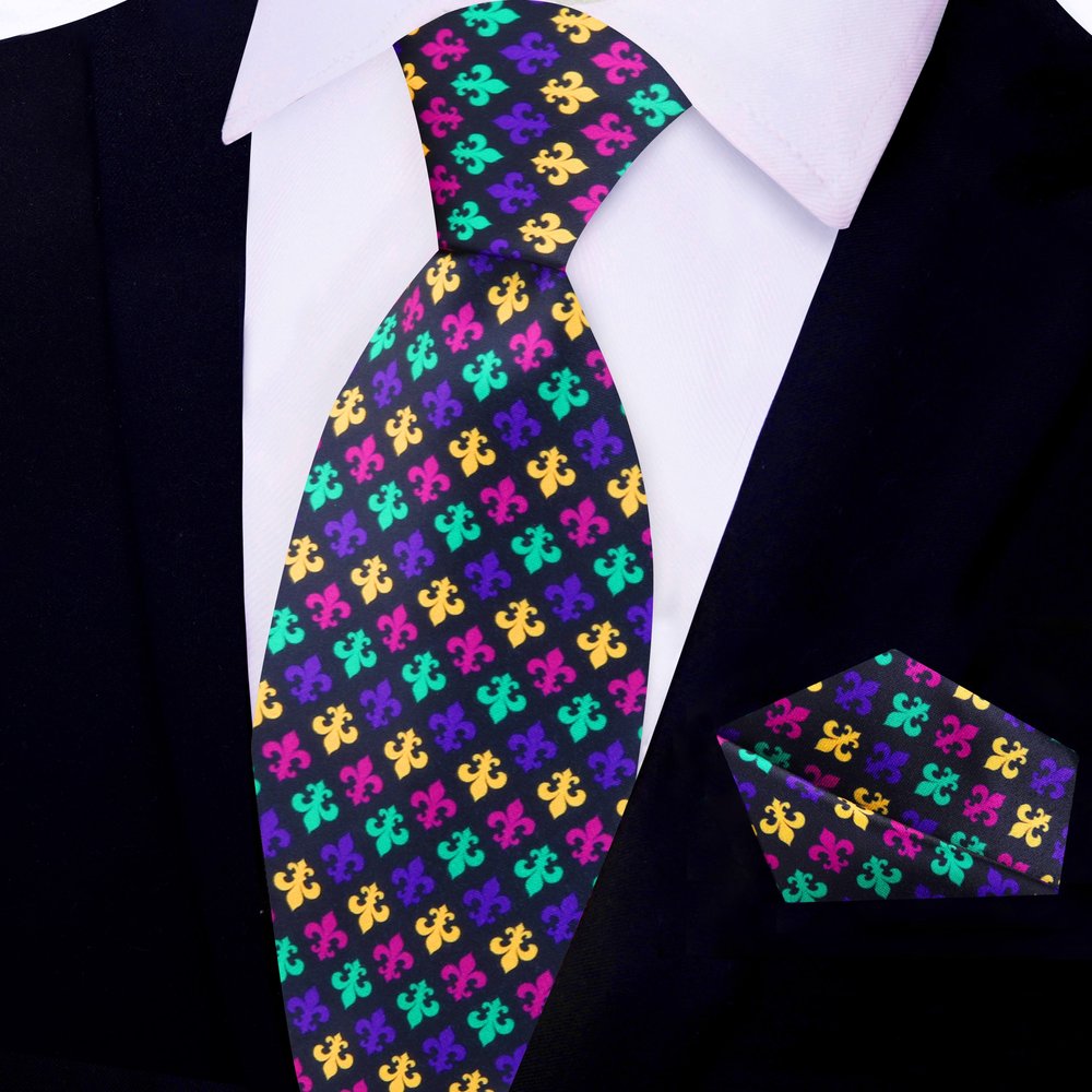 Detailed view of the necktie with matching pocket square, highlighting its vibrant colors and elegant silk texture.