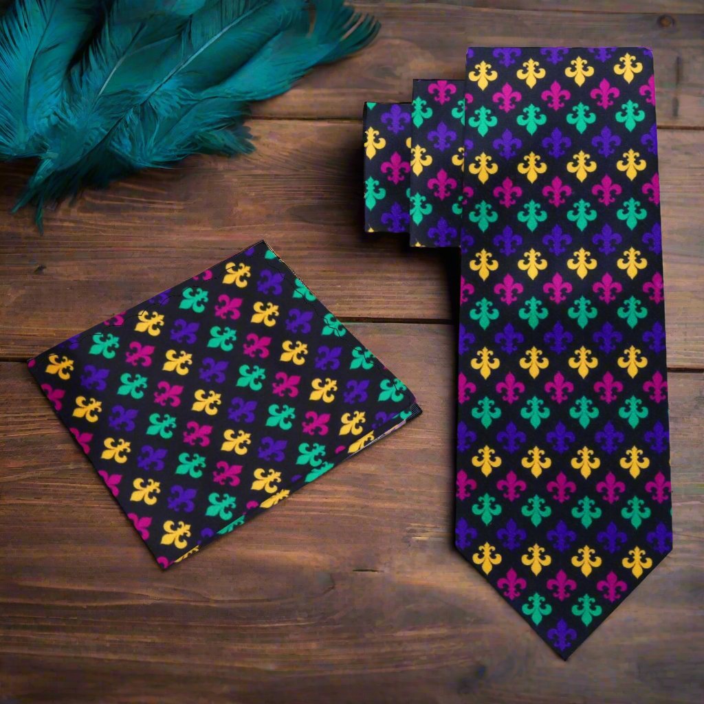 Model showcasing the Mardi Gras silk necktie paired with a dark suit, emphasizing the colorful design.