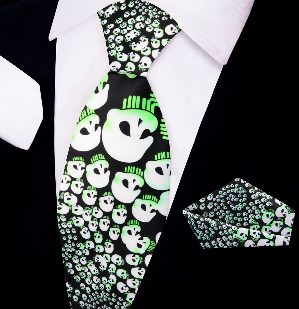 Styled outfit featuring a festive skull tie for Halloween events