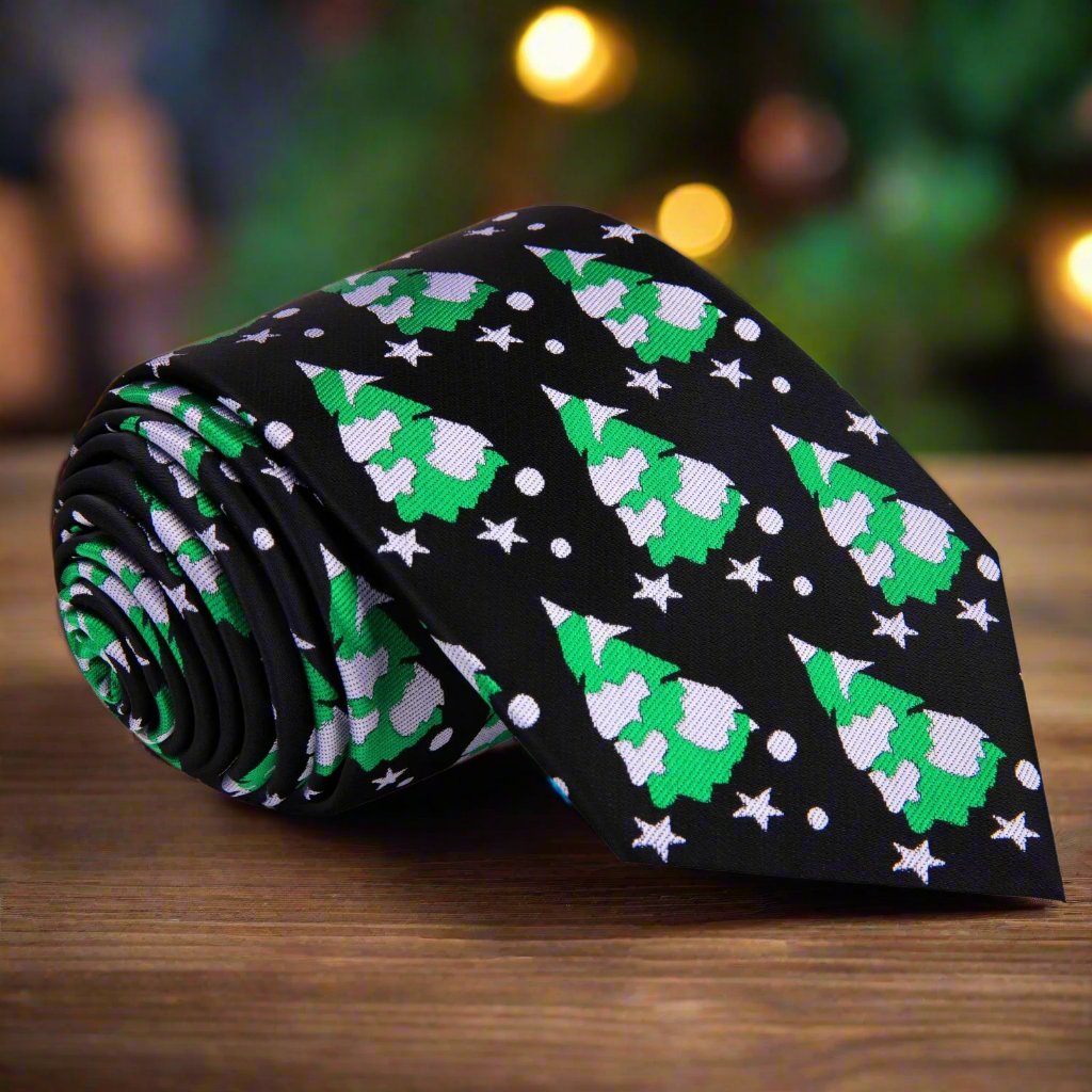 Front view of Snowfall Elegance Christmas Necktie with snowflakes and Christmas trees