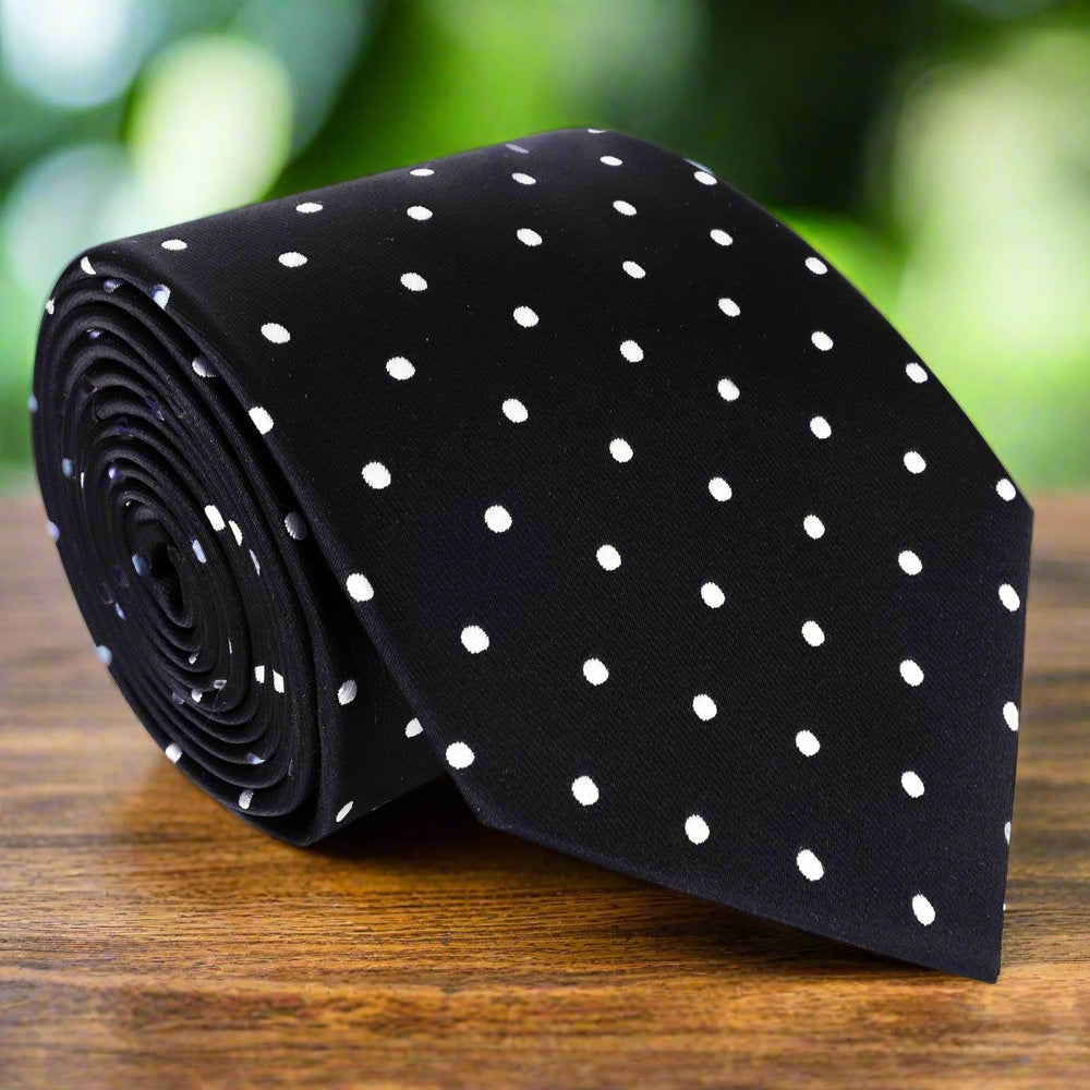 Close-up of a classic polka dot silk necktie with a sleek design