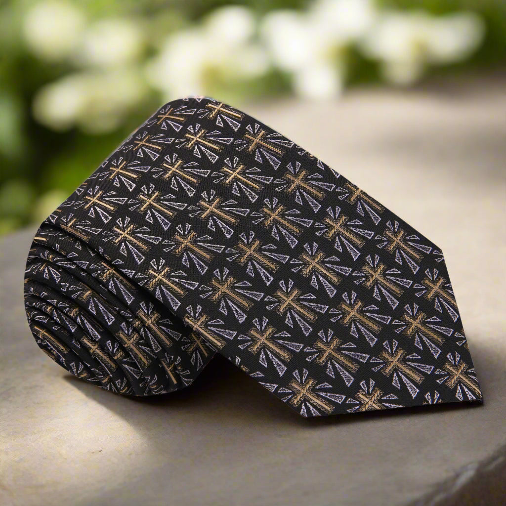 Elegant silk necktie with crucifix pattern for church events and religious ceremonies