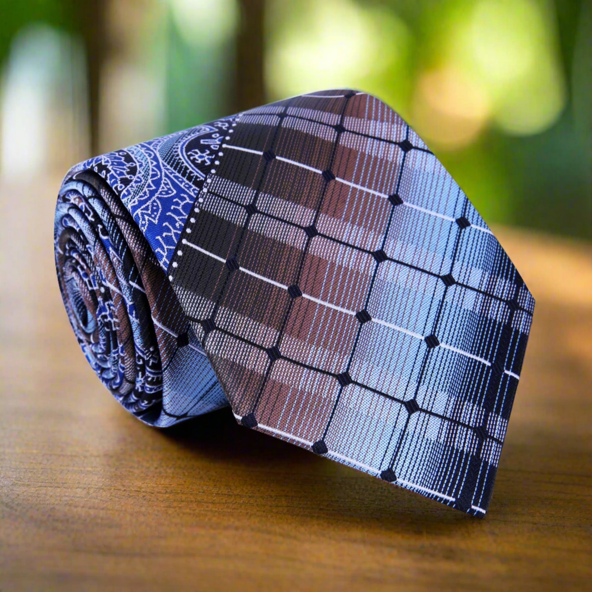 Angled view of the Elegant Moonrise Silk Tie showcasing intricate geometric and paisley patterns in blue and brown.
