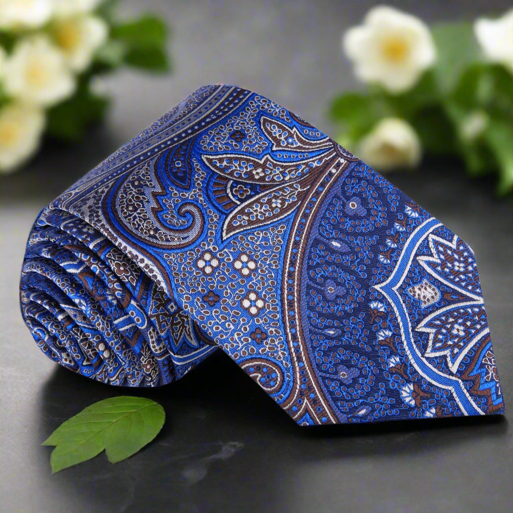 Silk paisley tie in blue and brown with intricate pattern for men