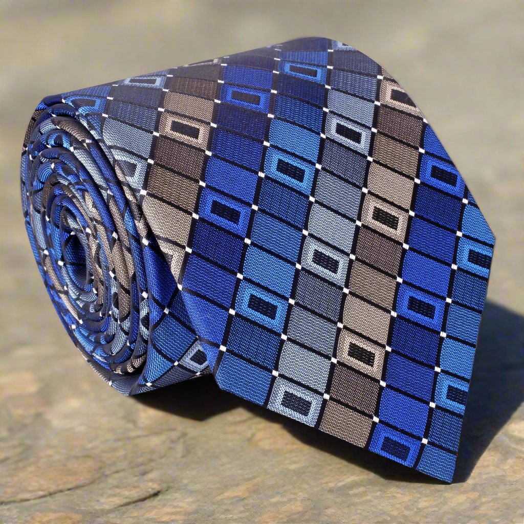 Close-up of blue, brown, and grey geometric silk tie for formal wear