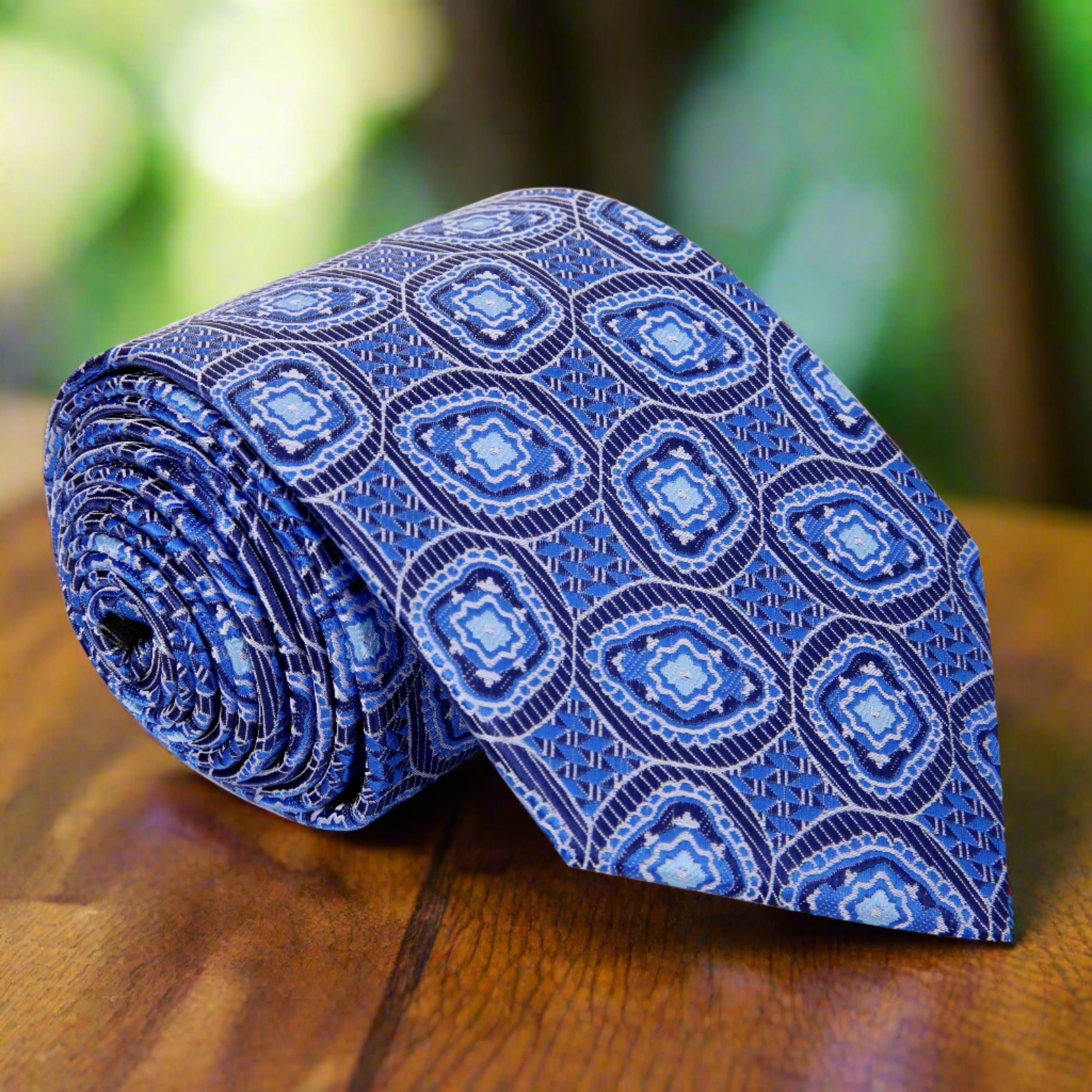 Full view of geometric blue silk necktie on a mannequin, ideal for weddings and business attire