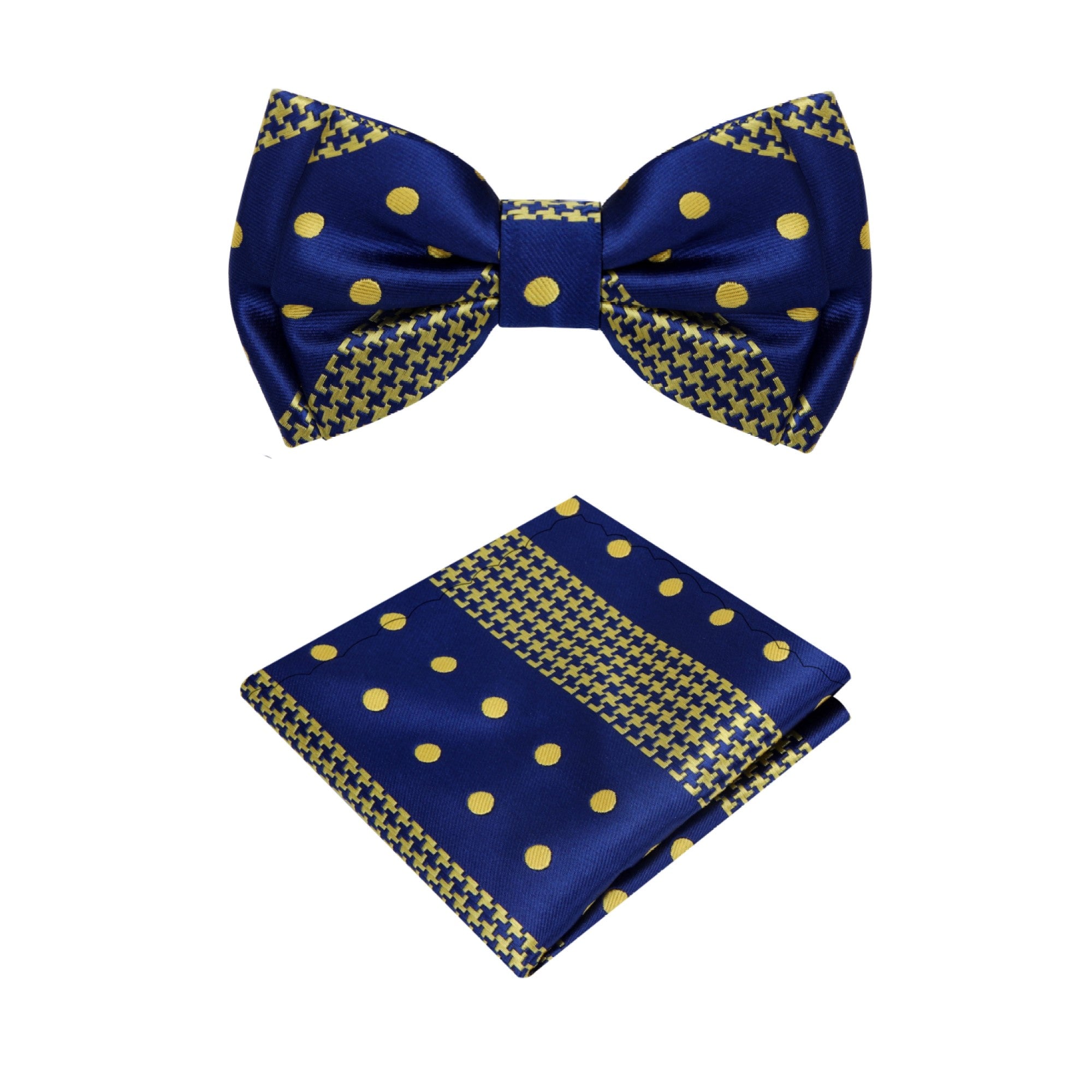 Close-up of stylish kids bow tie and pocket square set with dots pattern.