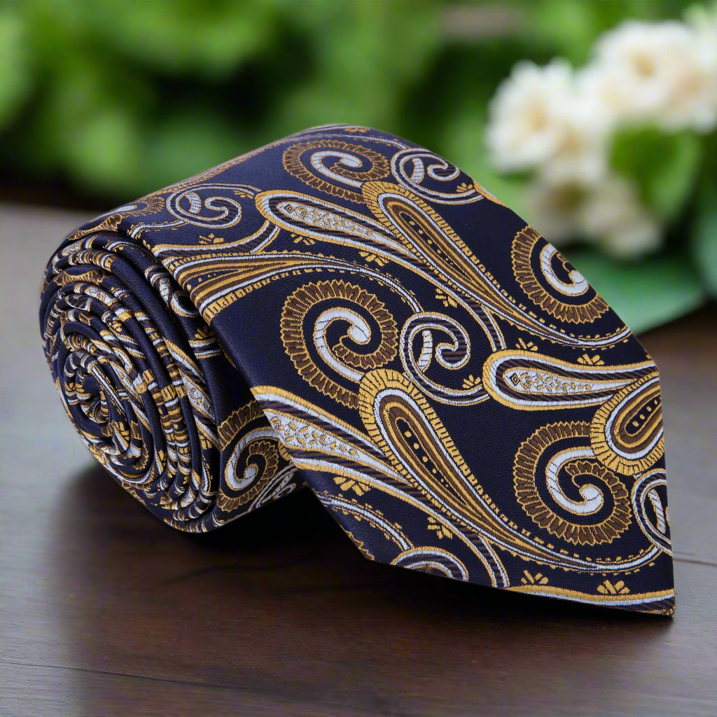 Close-up of blue silk paisley necktie with gold pattern for formal occasions
