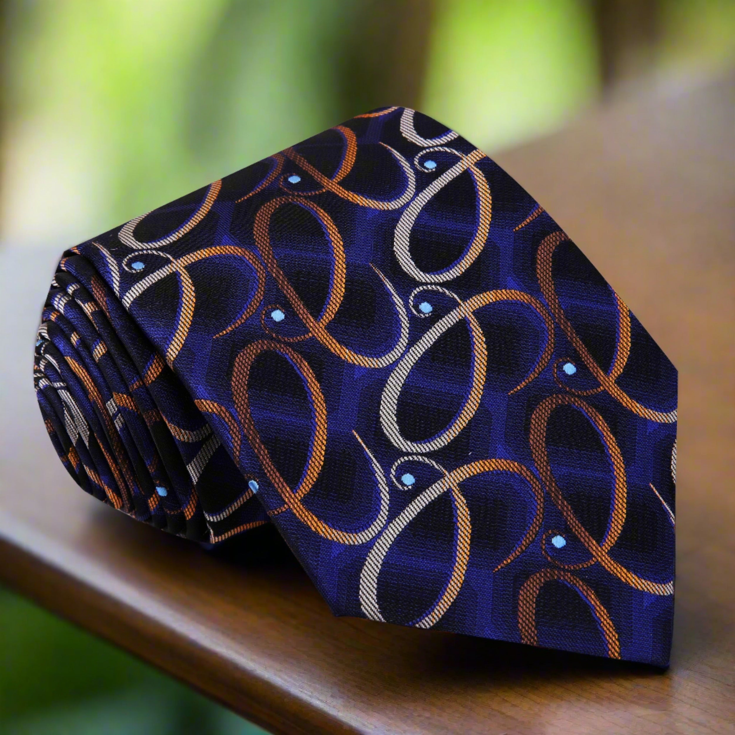 Close-up of dark blue silk tie with gold paisley pattern for weddings