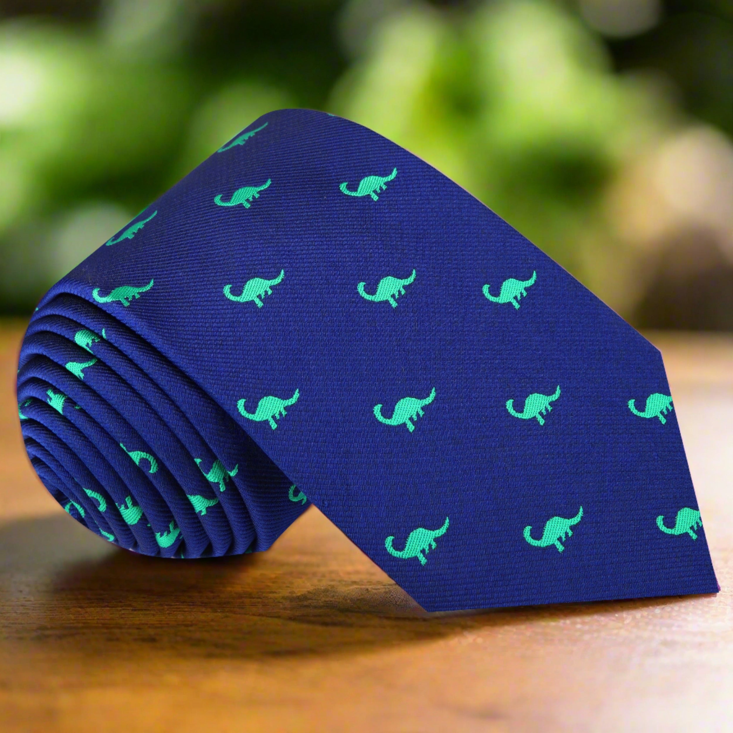 Close-up of the whimsical dinosaur silk necktie showcasing its vibrant colors and playful pattern.