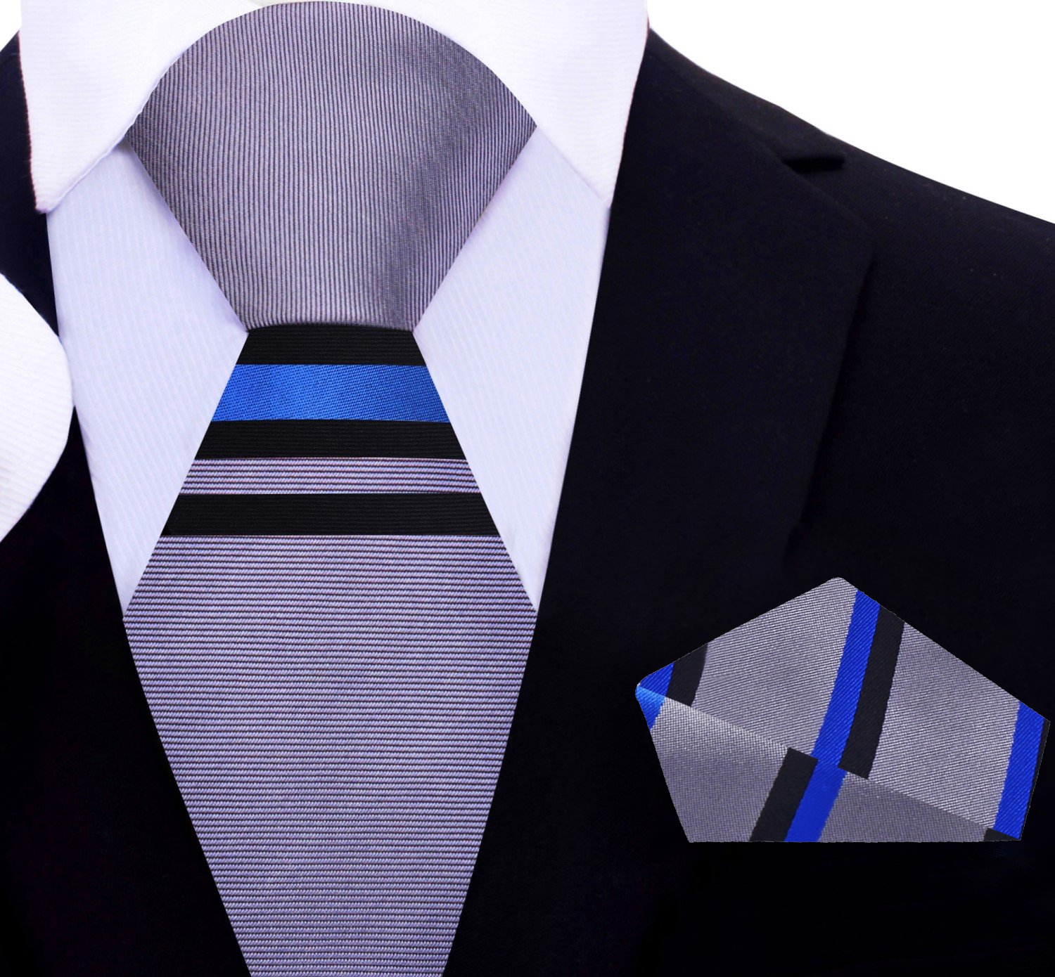 Close-up of the blue silk necktie with plaid pocket square for formal wear