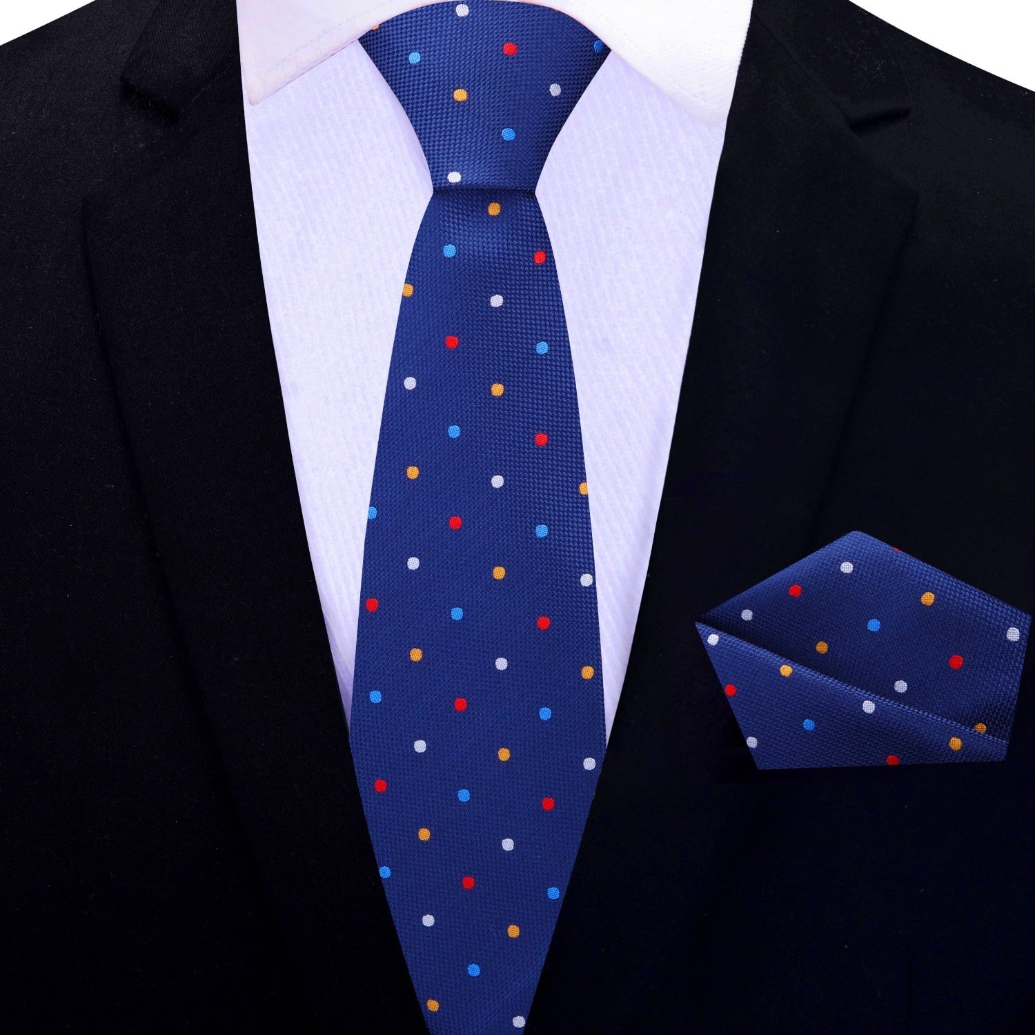 Polka dot tie displayed alongside matching pocket square, designed for formal ties for business meetings