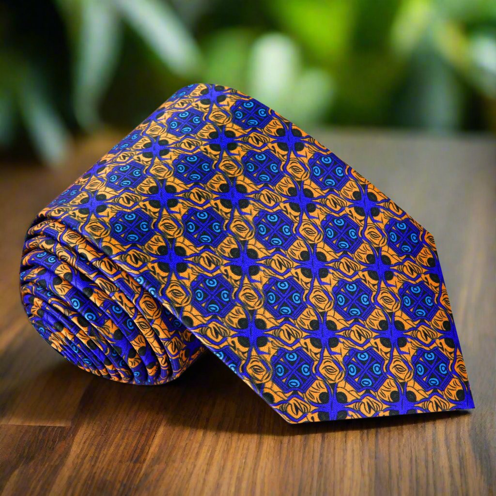 Close-up of the vibrant abstract silk men's necktie showcasing bold colors and geometric patterns
