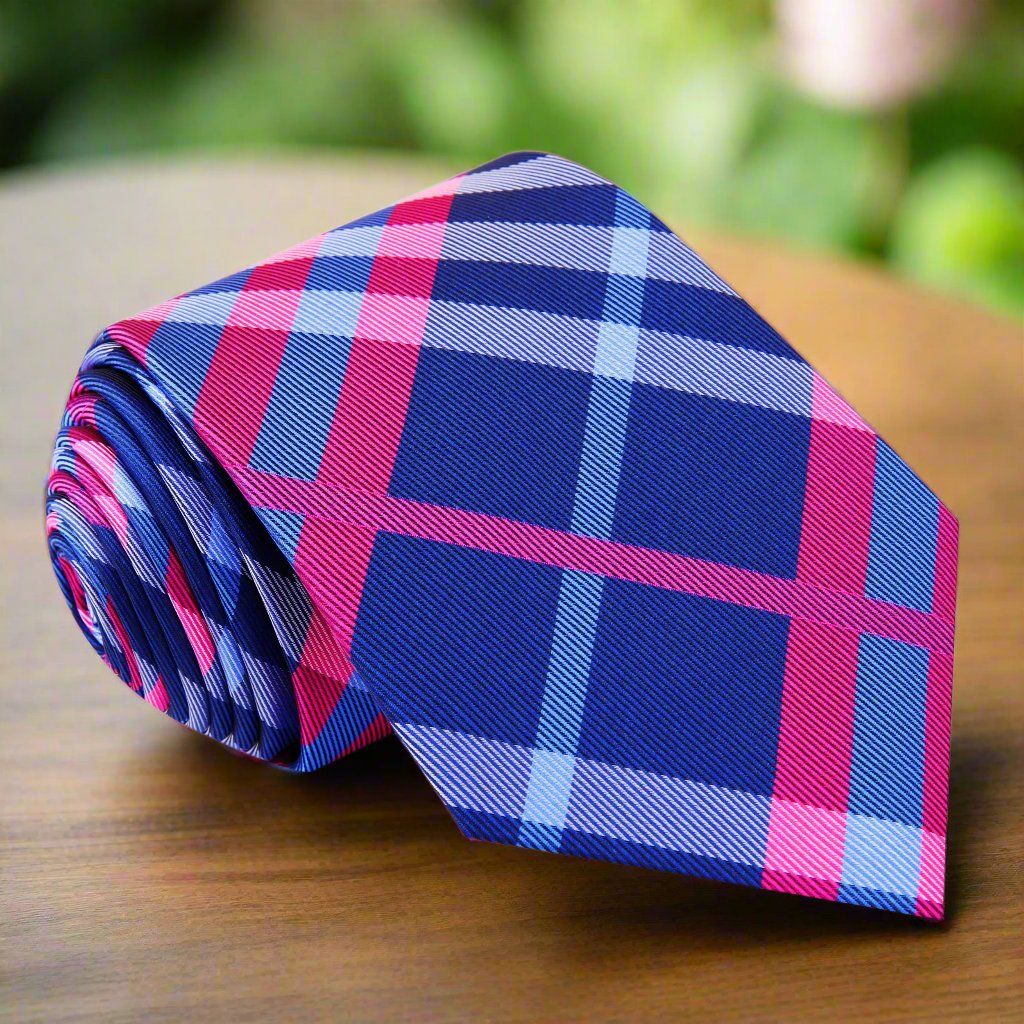 Lyndenholt blue pink plaid silk tie displayed on a formal outfit.