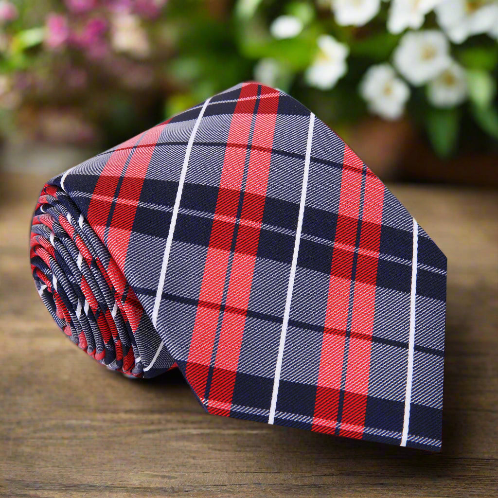 Men's plaid necktie in grey, blue, and yellow with a classic pattern