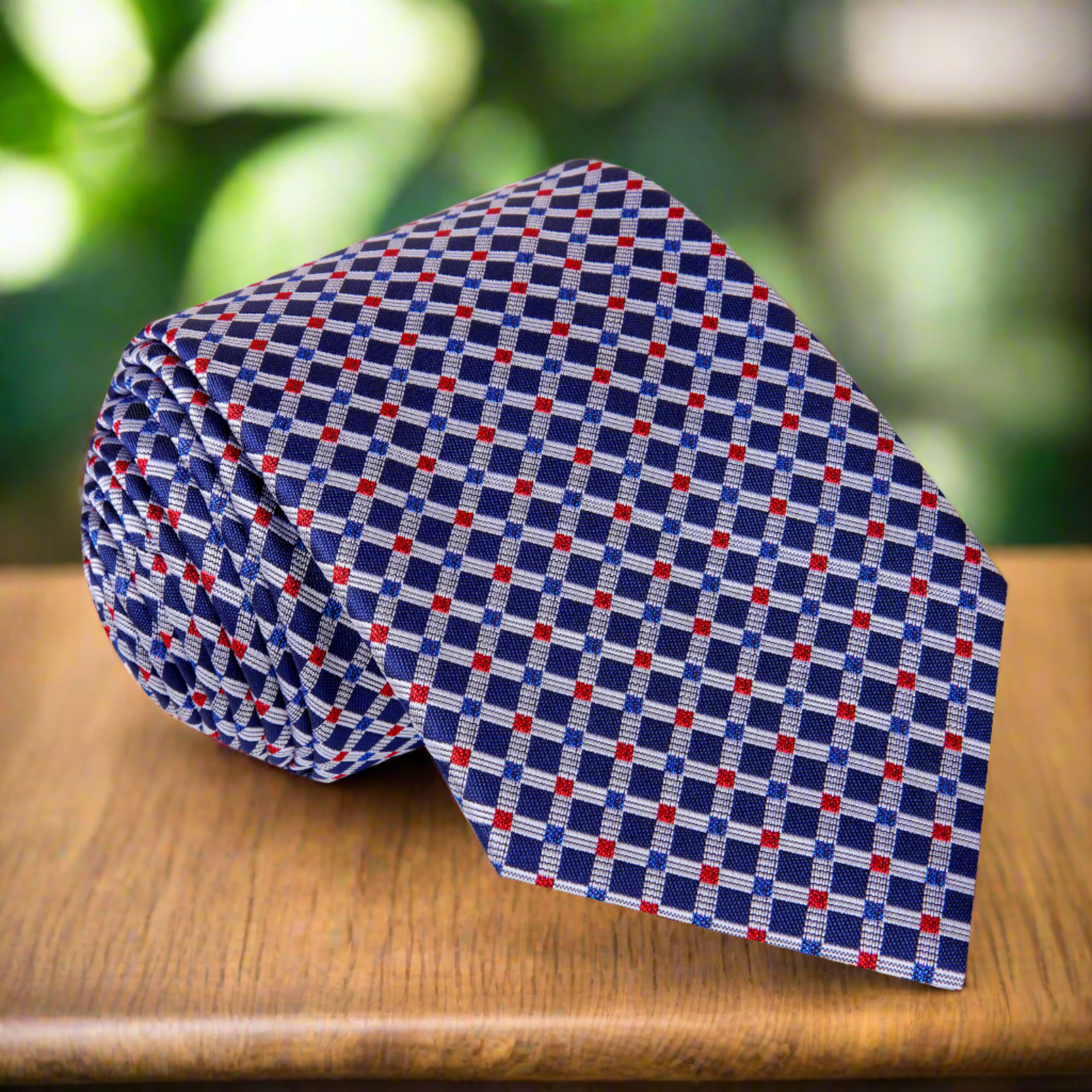 Classic Elegance Plaid Silk Tie in blue, red, and grey, styled with a navy suit.