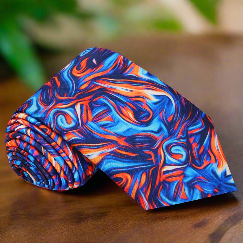 Vivid abstract silk tie with blue, orange, and red shades, ideal for formal occasions
