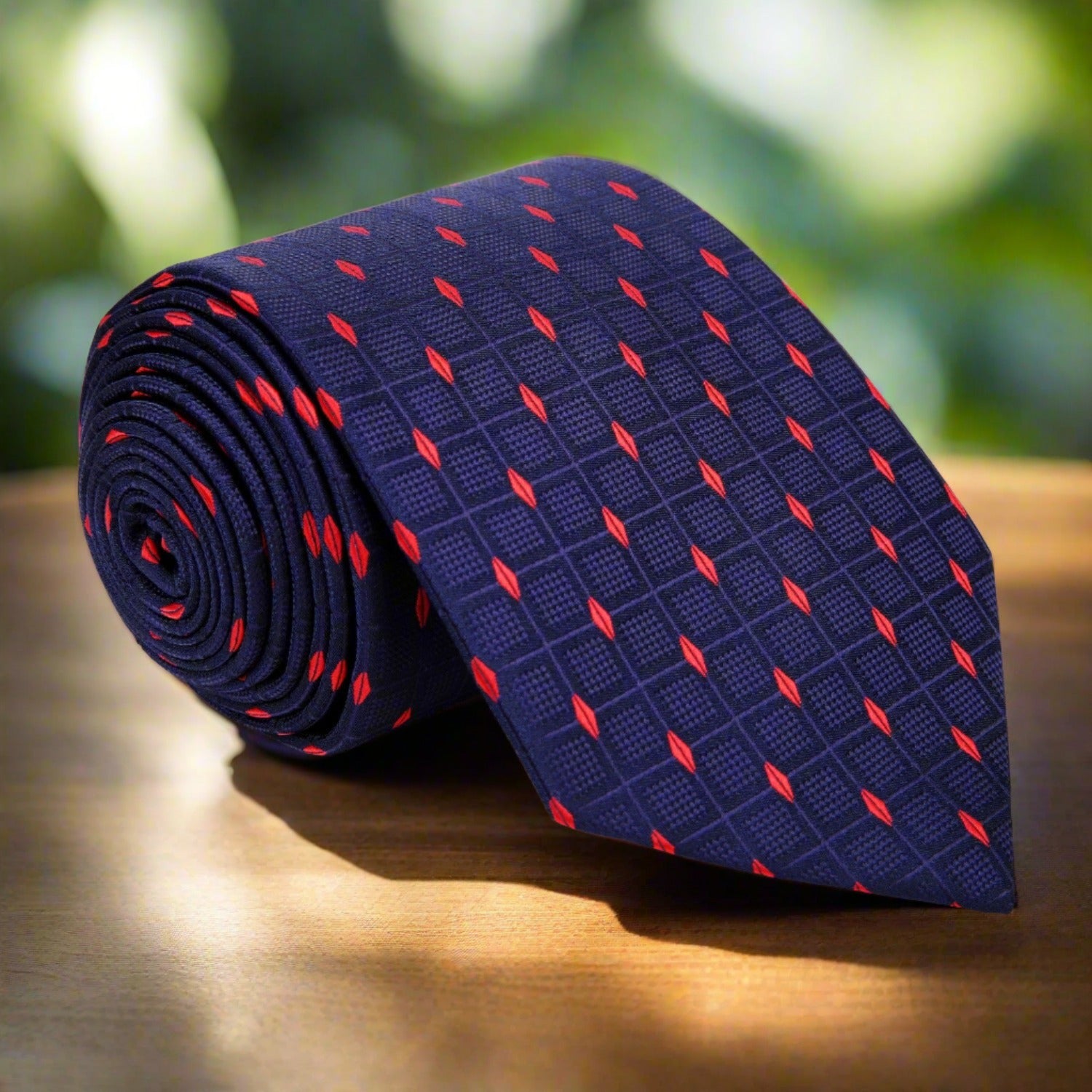 Deep blue silk tie with red diamond pattern displayed on a dress shirt for formal occasions