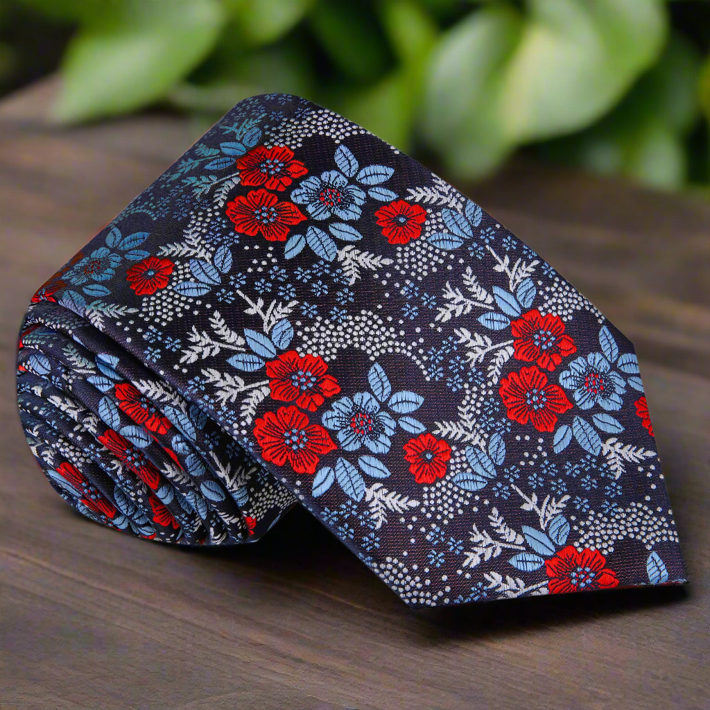 Detailed shot of floral pattern on silk necktie for weddings and events