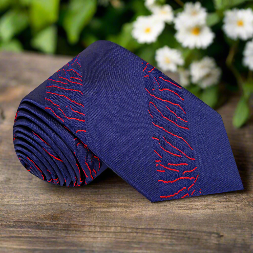Front view of tiger print necktie with deep blue and red tiger pattern for formal and creative wear