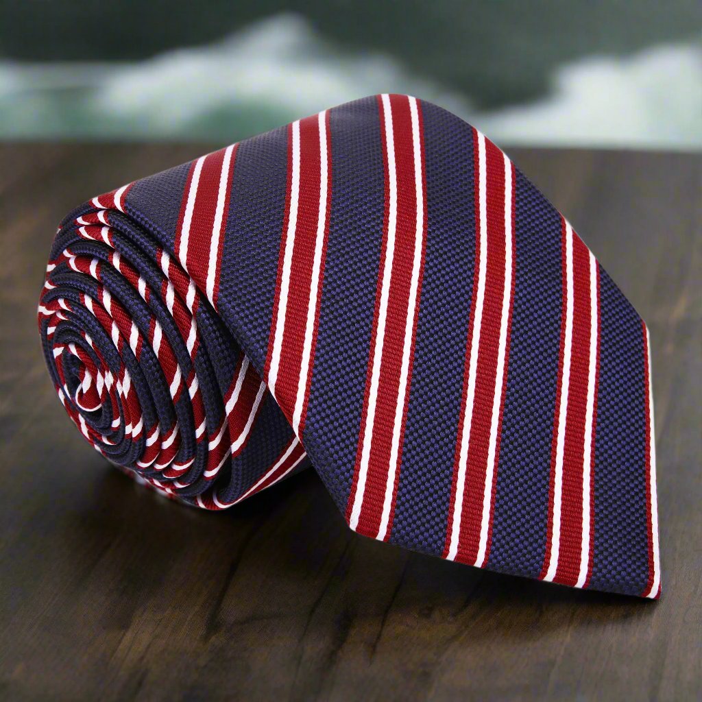 Close-up of Bristol Stripe Silk Necktie showing detailed pattern and rich colors