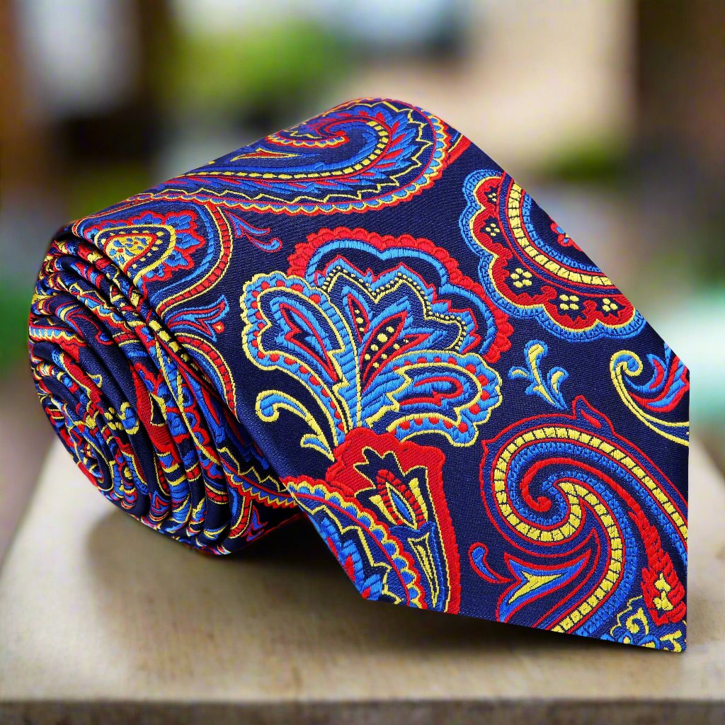 Close-up of the vibrant paisley pattern on Calverton silk necktie, perfect for weddings