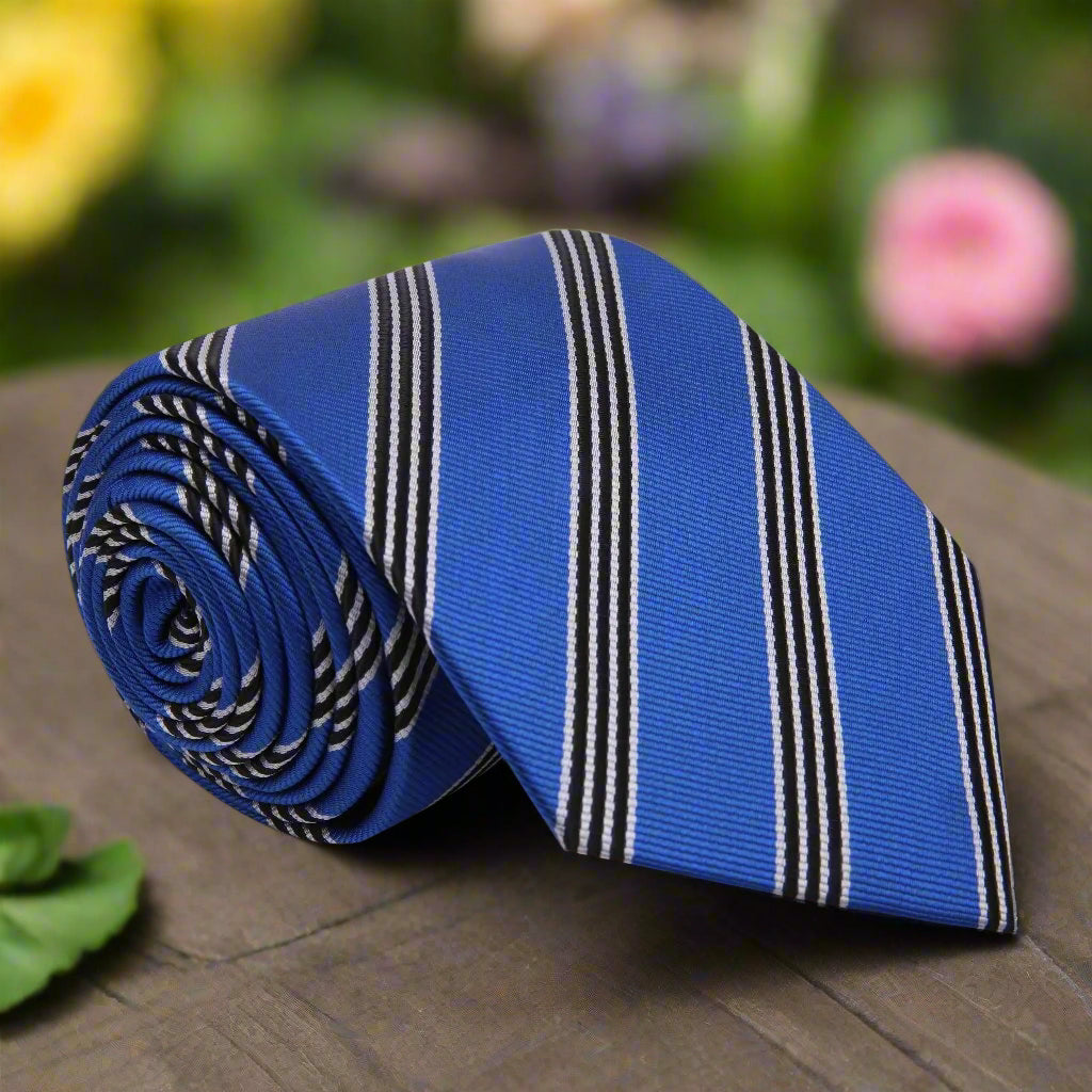 Close-up of blue silk striped necktie with detailed stripe pattern