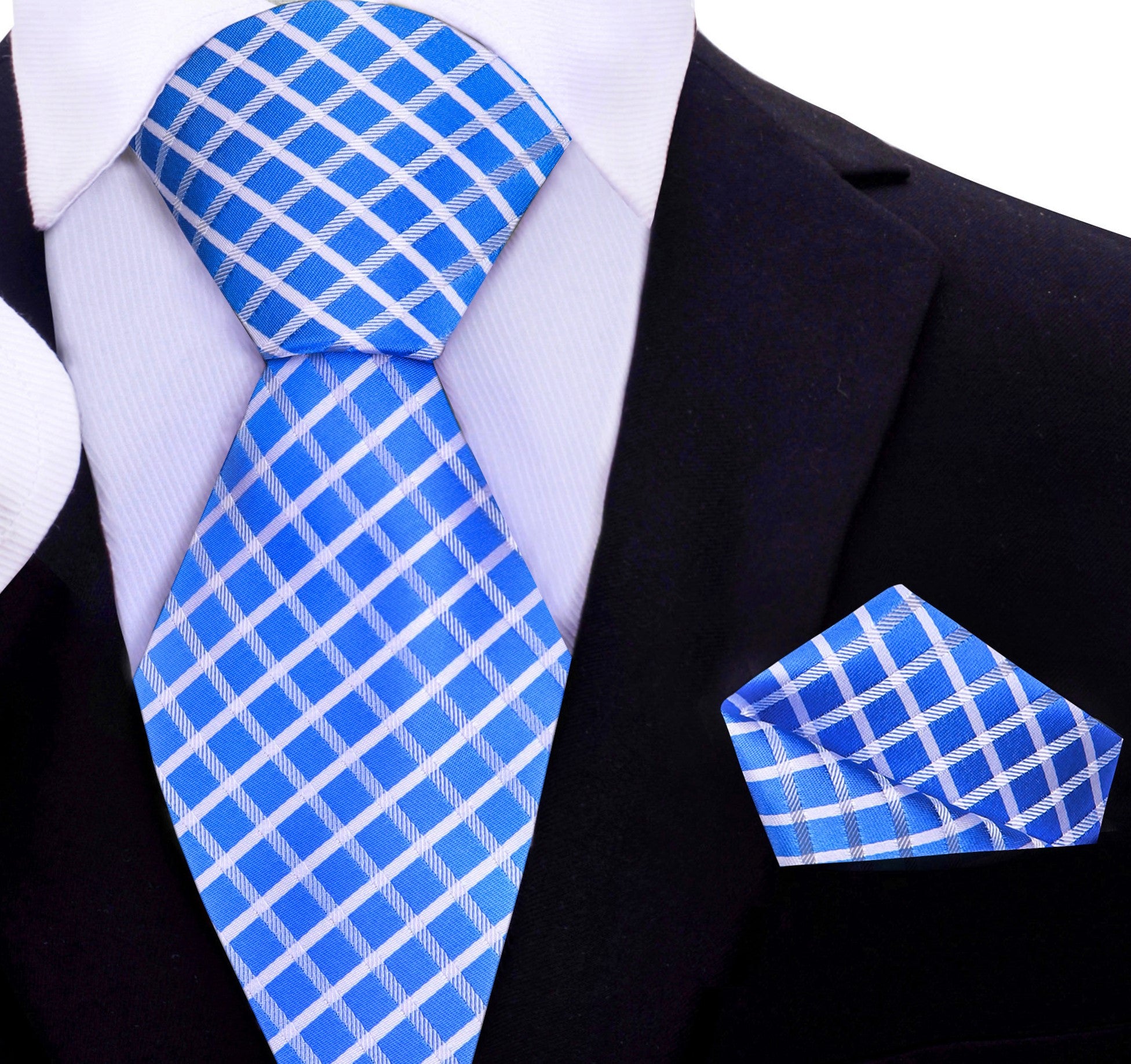 Front view of kids necktie and silk pocket square in light blue, ideal for weddings.