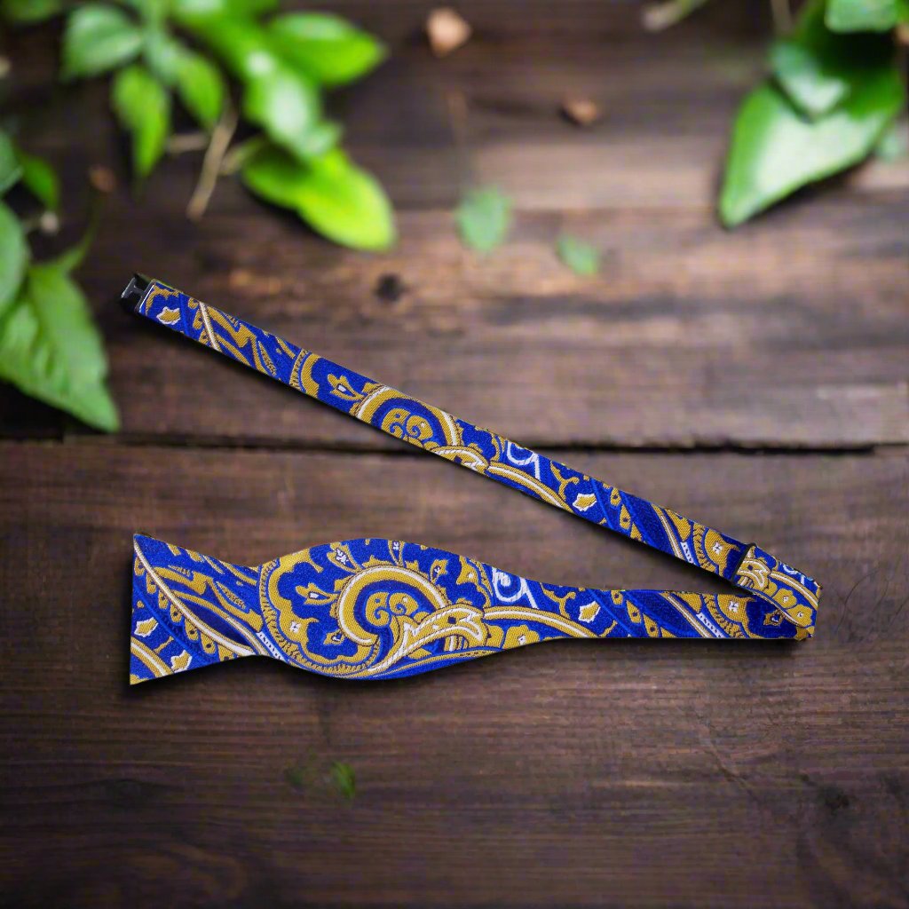 Close-up of Macchia paisley silk bow tie with intricate floral pattern