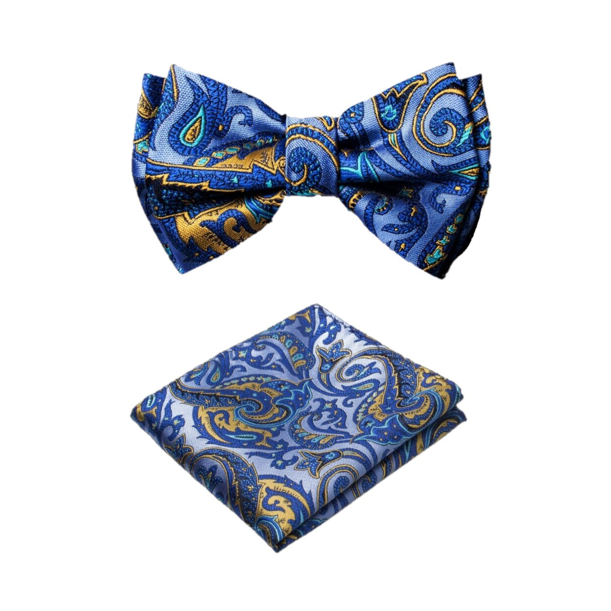 Front view of kids pre-tied bow tie in blue with paisley design, ideal for boys' formal wear