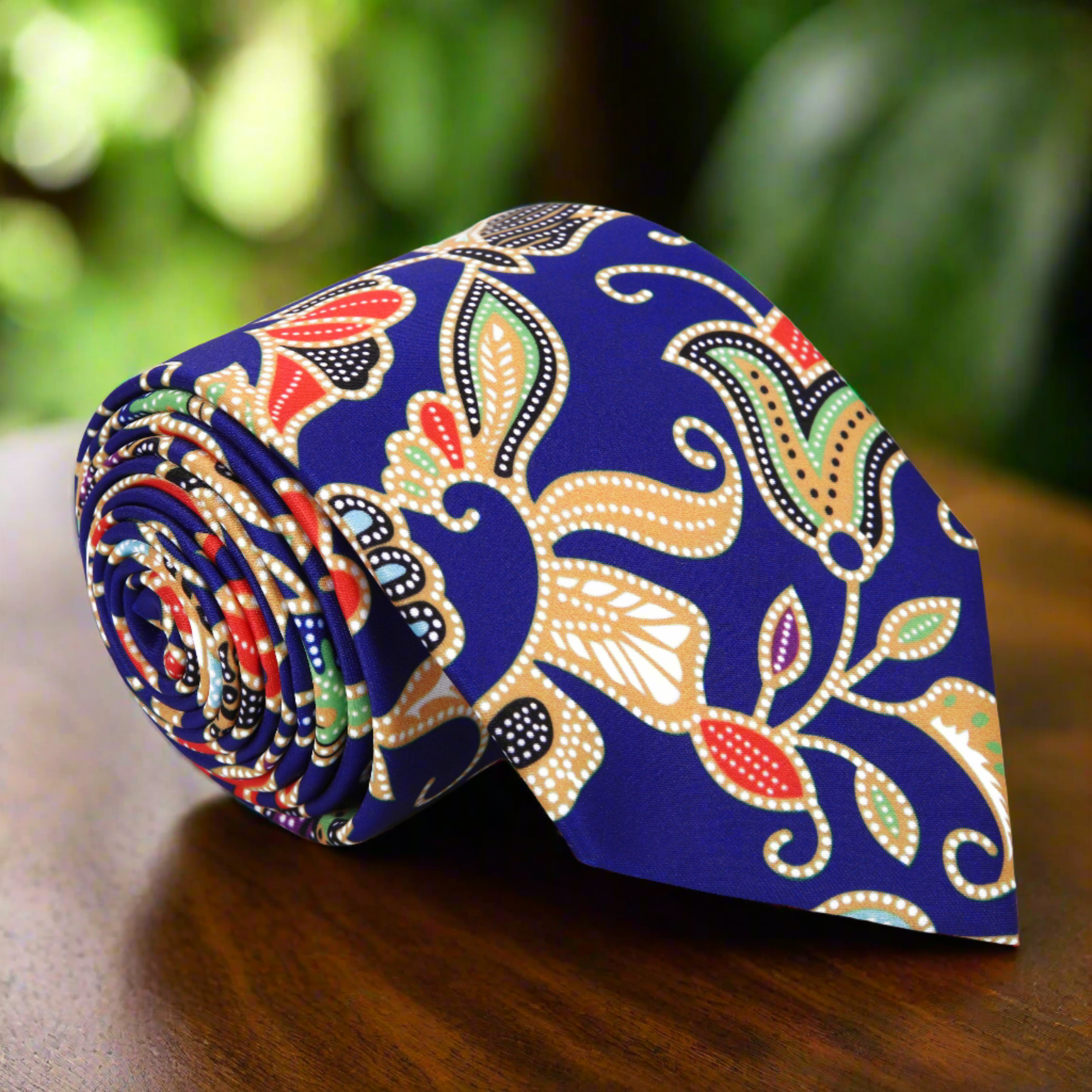 Close-up of vibrant blue silk tie with abstract floral pattern for formal wear