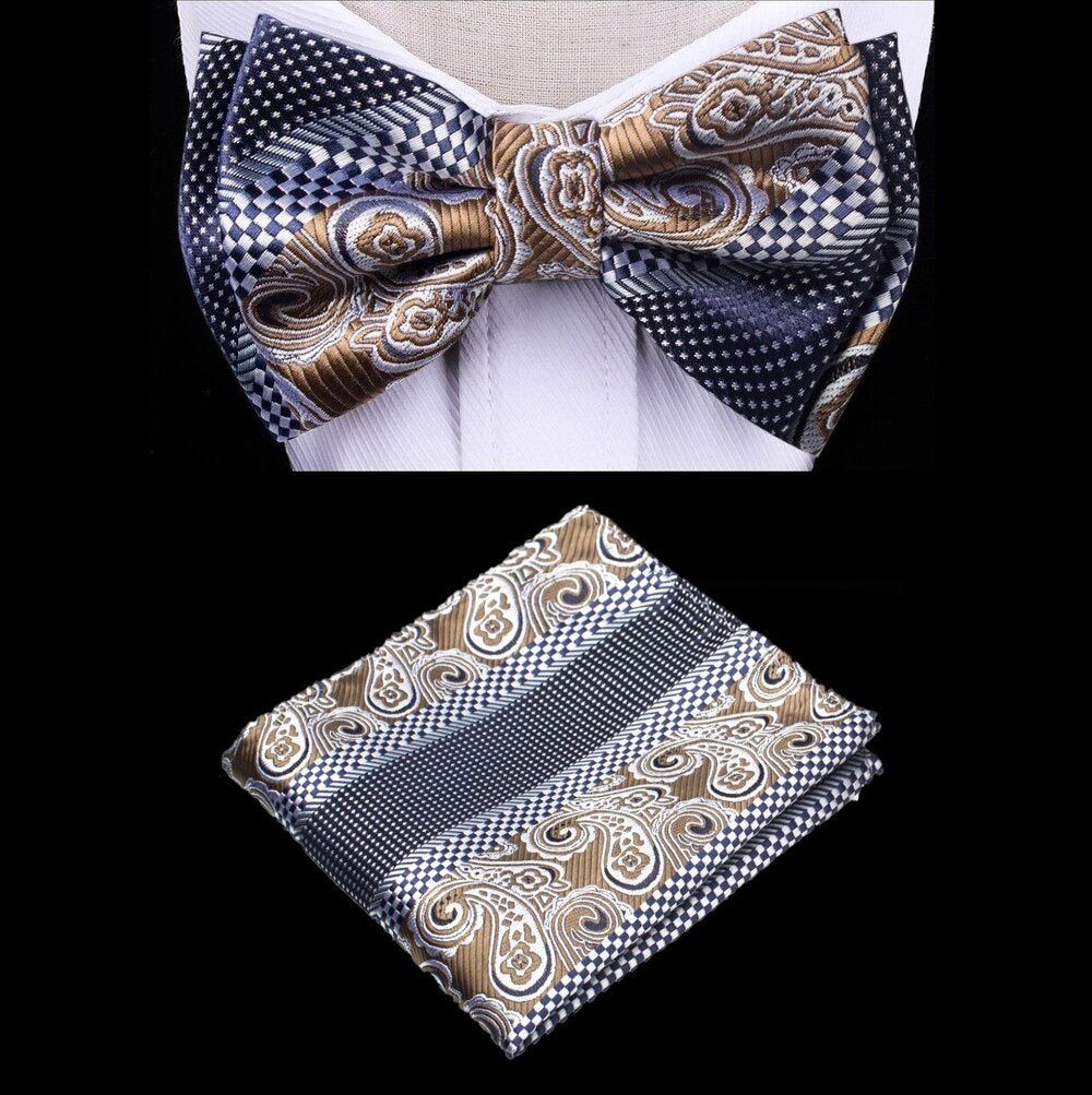 Front view of kids blue and brown check bow tie set with pocket square