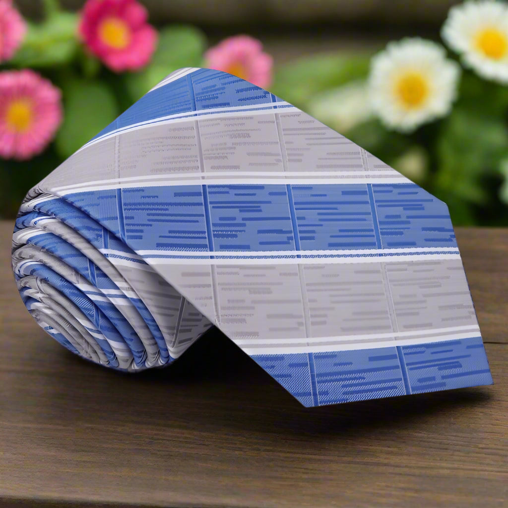 Hathersage silk stripe tie in blue and grey with detailed fabric pattern