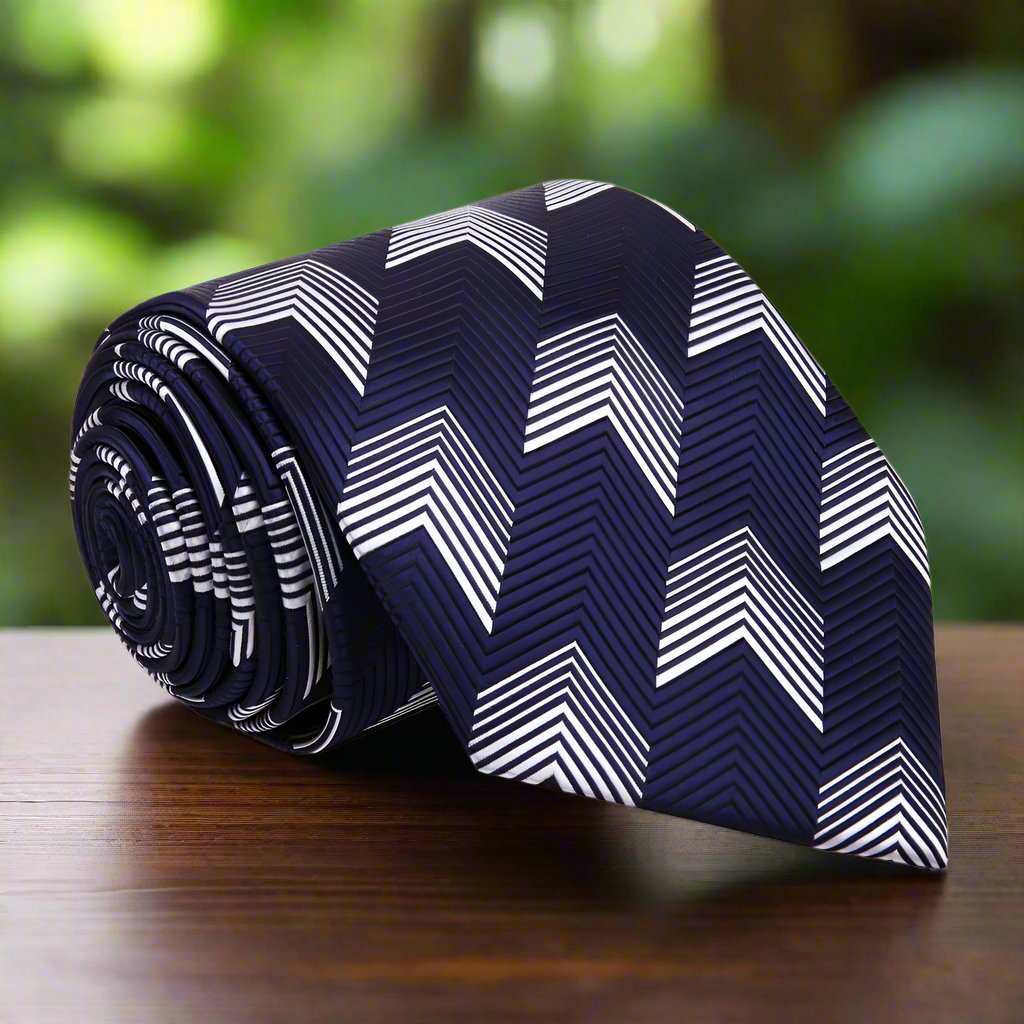 Dynamic Chevron Necktie paired with a crisp white shirt and navy suit, ideal for formal occasions.