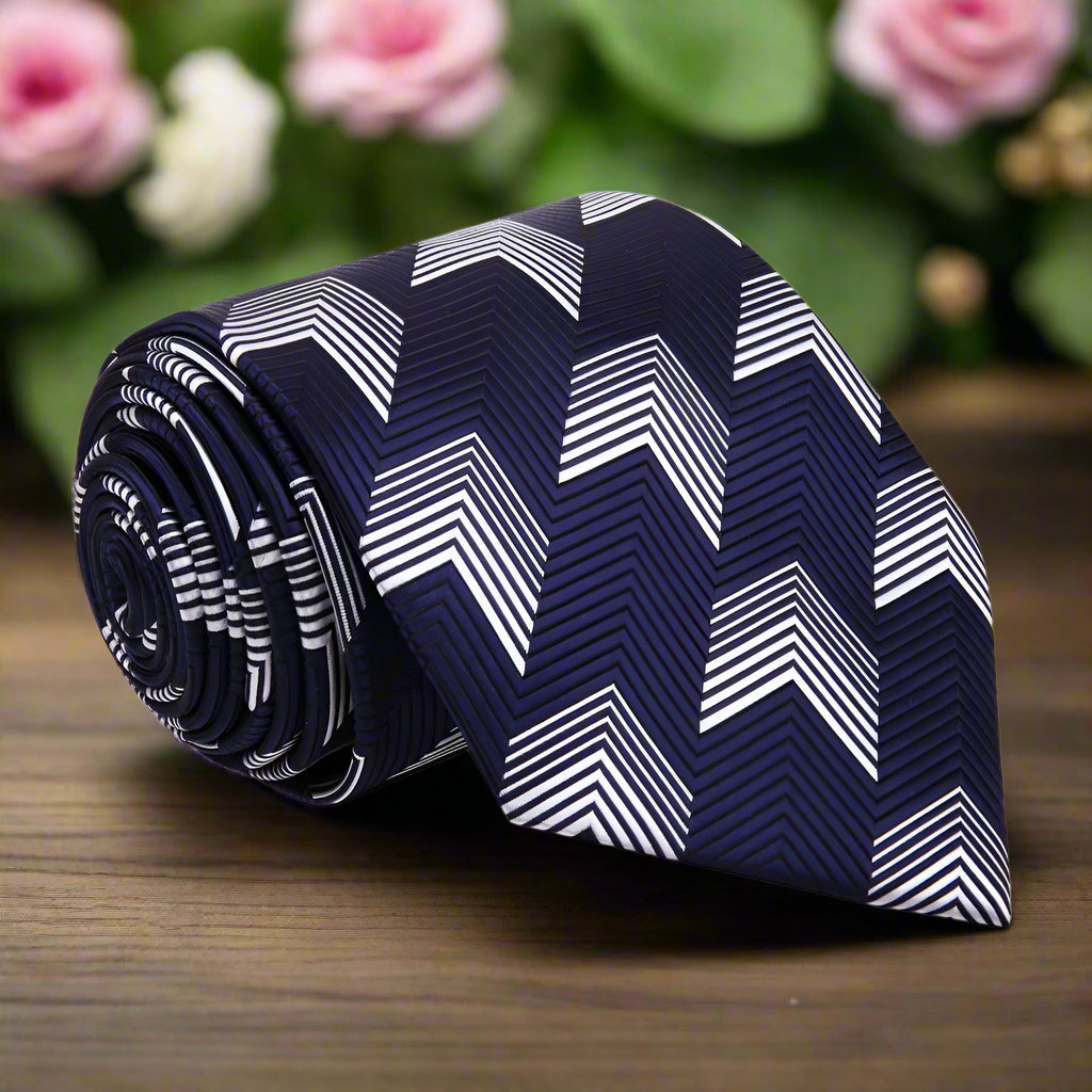 Fashionable chevron necktie styled with a white dress shirt for weddings