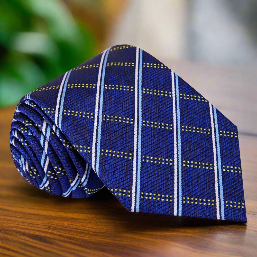 Elegant Grey and Lavender Silk Plaid Necktie displayed on a white background.