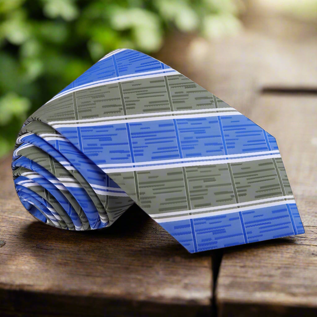 Close-up of the striped silk tie highlighting its premium craftsmanship
