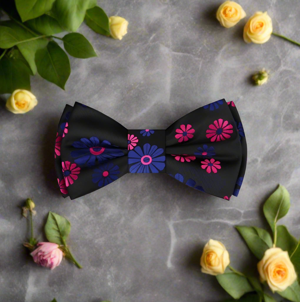 Close-up of a vibrant flower bow tie in silk material