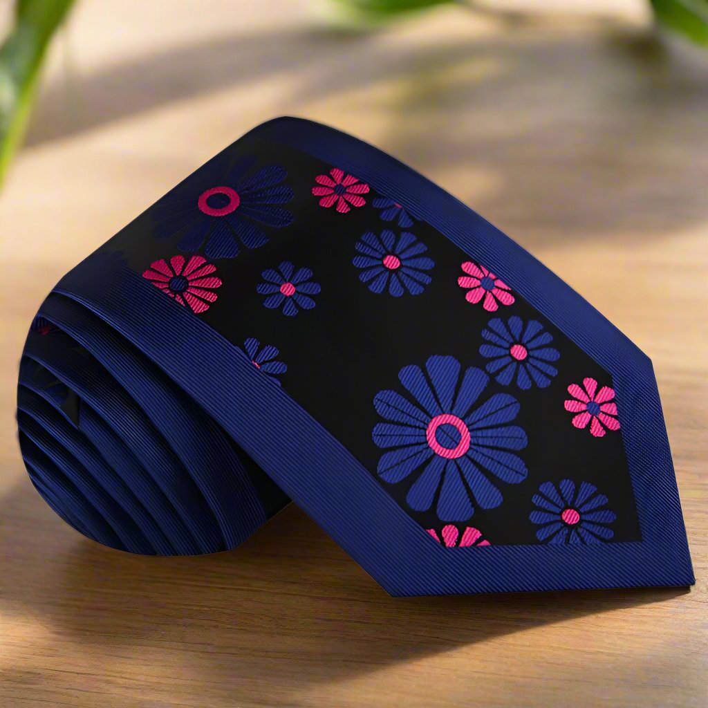 Cactus blossom tie elegantly paired with a charcoal grey suit.