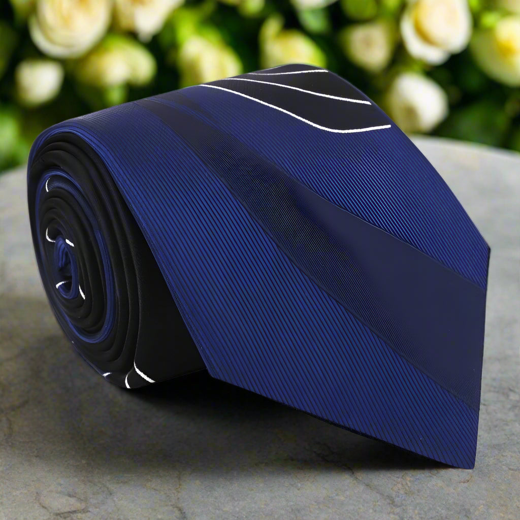 Elegant silk tie with abstract line pattern in deep blue for business or formal occasions