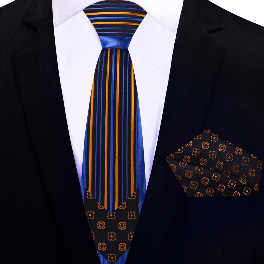 Close-up of a silk tie and pocket square set in paisley pattern