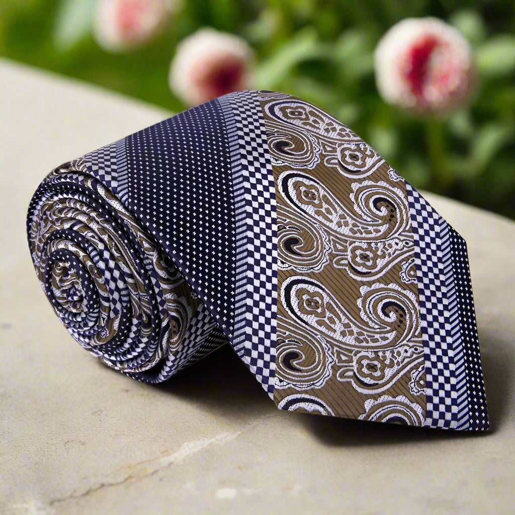 Front view of windebrook paisley silk necktie with check pattern details